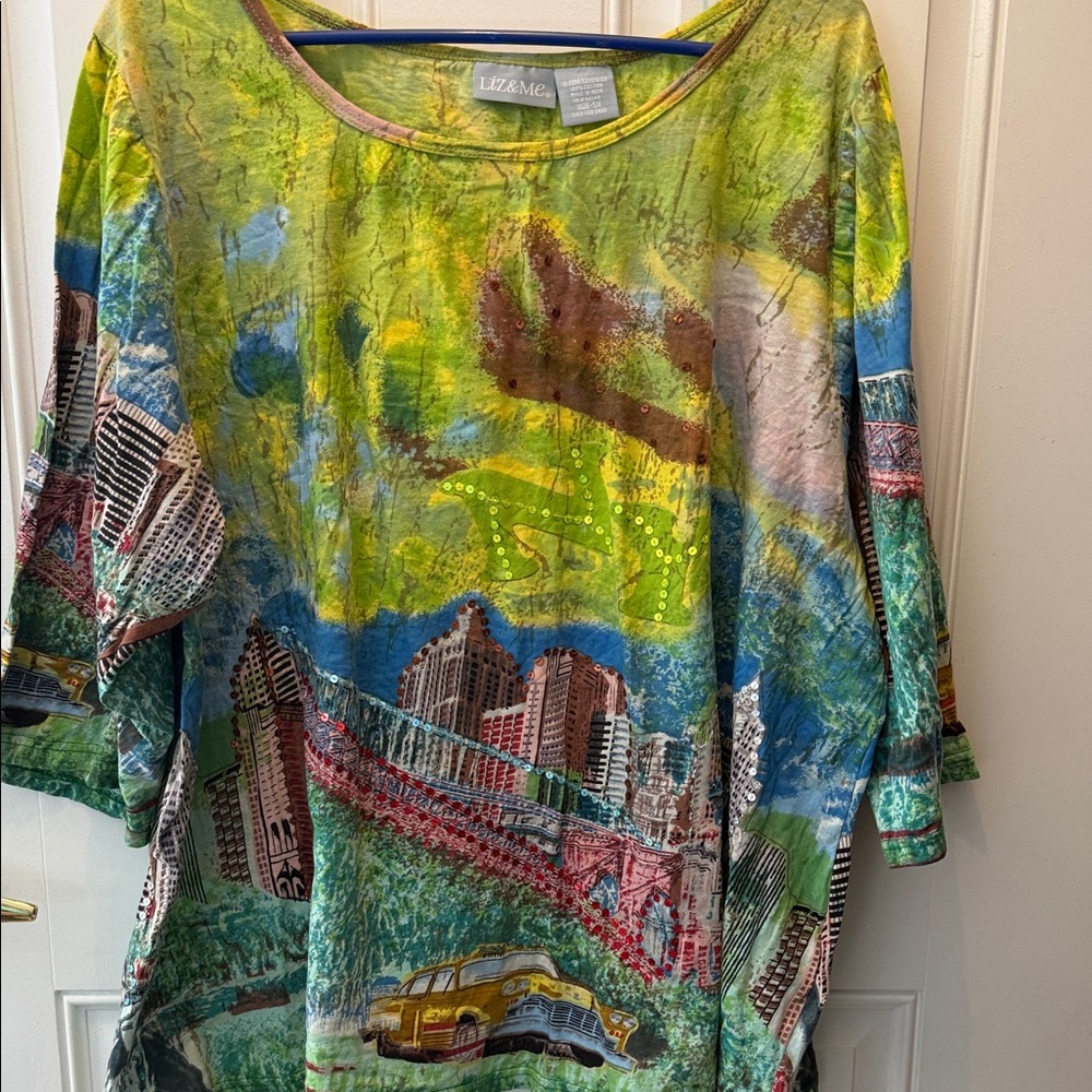Liz & Me Green Blue Multicolor City-Print Scoop Tunic